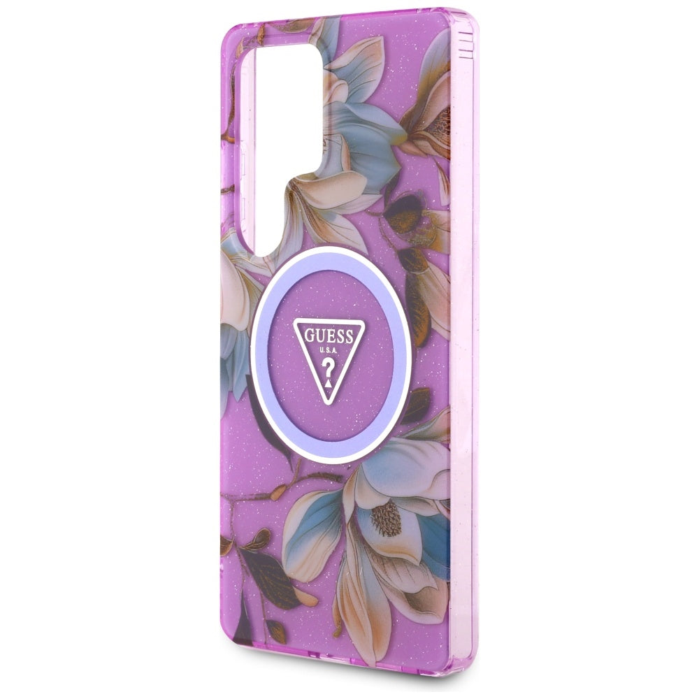 MagSafe hoesje voor Samsung Galaxy S25 Ultra S938, Guess, IML Metal Glitter Flowers Triangle, Paars