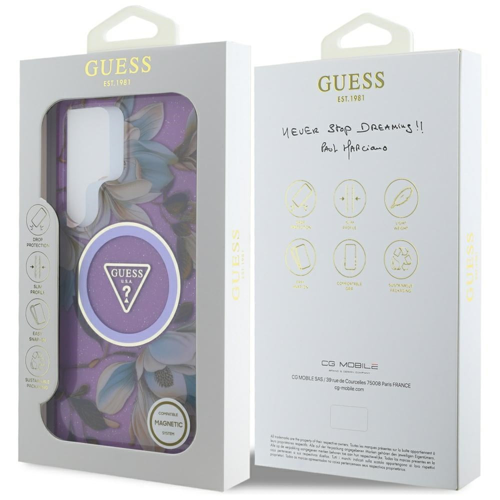 MagSafe hoesje voor Samsung Galaxy S25 Ultra S938, Guess, IML Metal Glitter Flowers Triangle, Paars