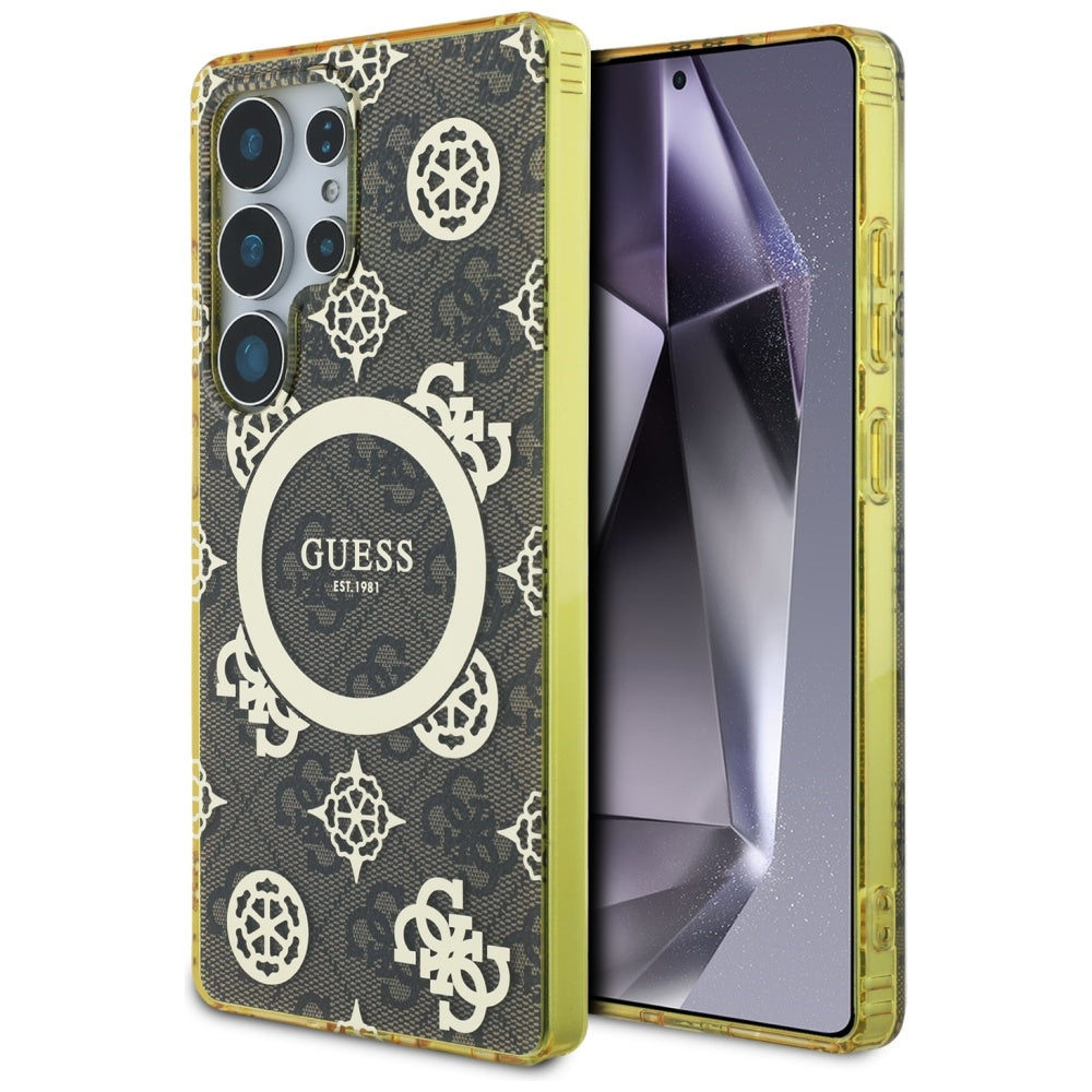 Étui MagSafe pour Samsung Galaxy S25 Ultra S938, Guess, IML Peony On 4G Background, Marron