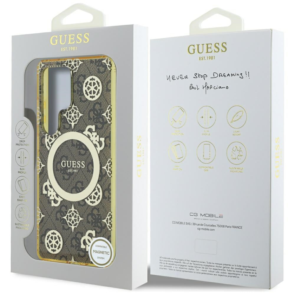 Étui MagSafe pour Samsung Galaxy S25 Ultra S938, Guess, IML Peony On 4G Background, Marron