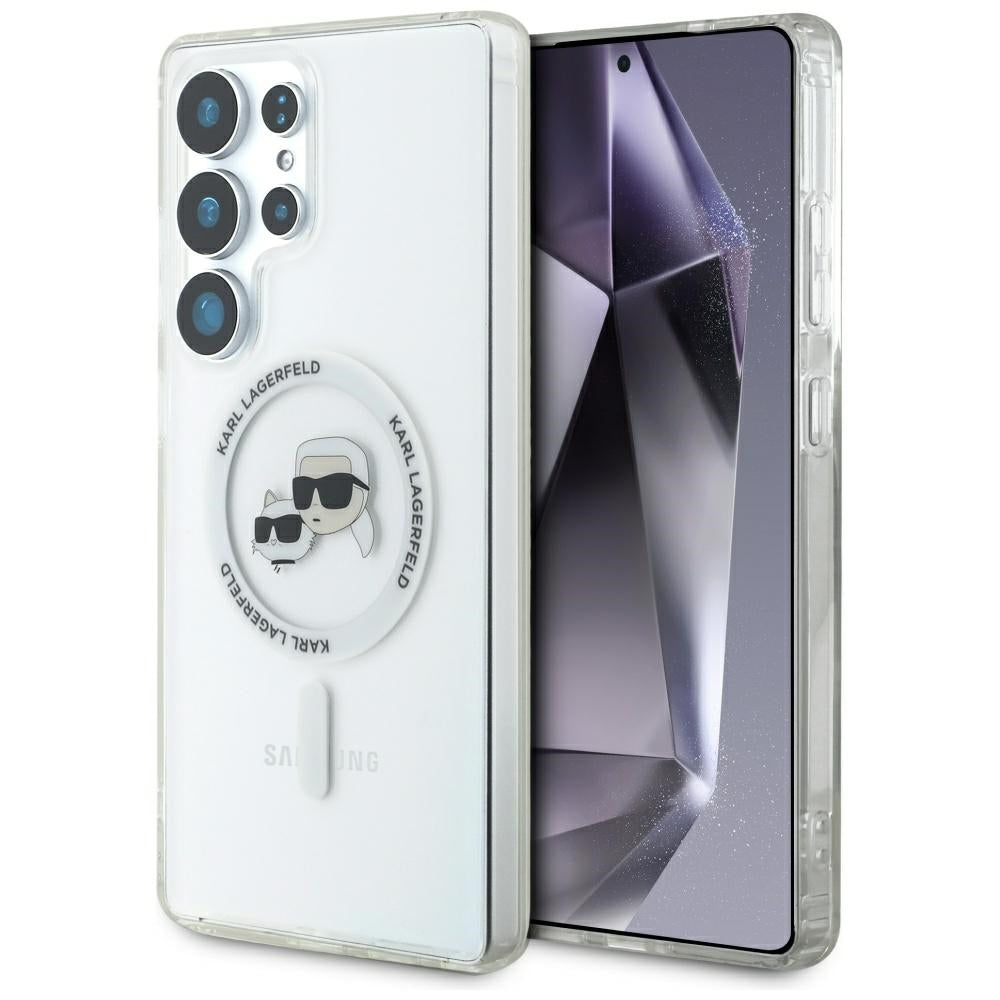 Coque MagSafe pour Samsung Galaxy S25 Ultra S938, Karl Lagerfeld, IML Metal Karl & Choupette's Heads, Blanche