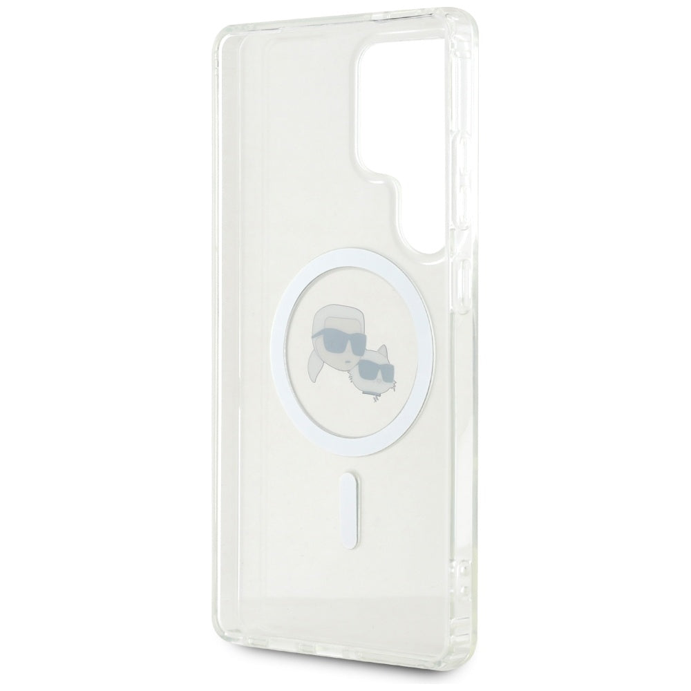 Coque MagSafe pour Samsung Galaxy S25 Ultra S938, Karl Lagerfeld, IML Metal Karl & Choupette's Heads, Blanche