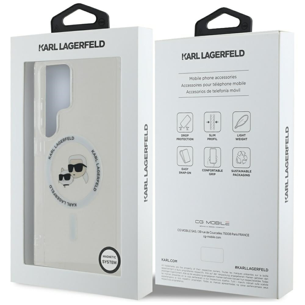 Coque MagSafe pour Samsung Galaxy S25 Ultra S938, Karl Lagerfeld, IML Metal Karl & Choupette's Heads, Blanche