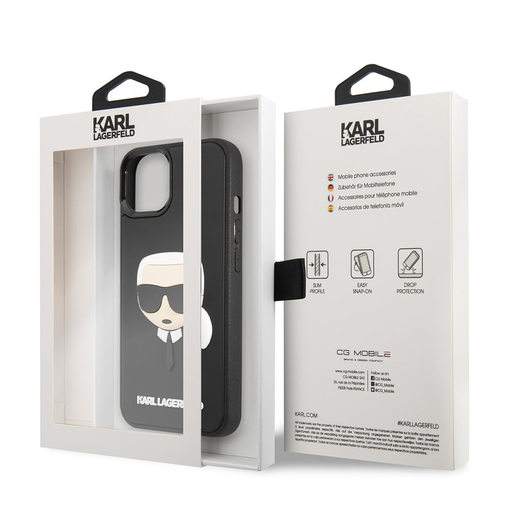 Étui pour Apple iPhone 14 Plus, Karl Lagerfeld, Tête de Karl en Caoutchouc 3D, Noir