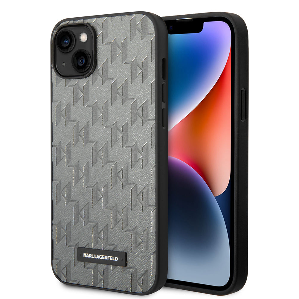Hoes voor Apple iPhone 14 Plus, Karl Lagerfeld, Saffiano Monogram Metal Logo, Gri