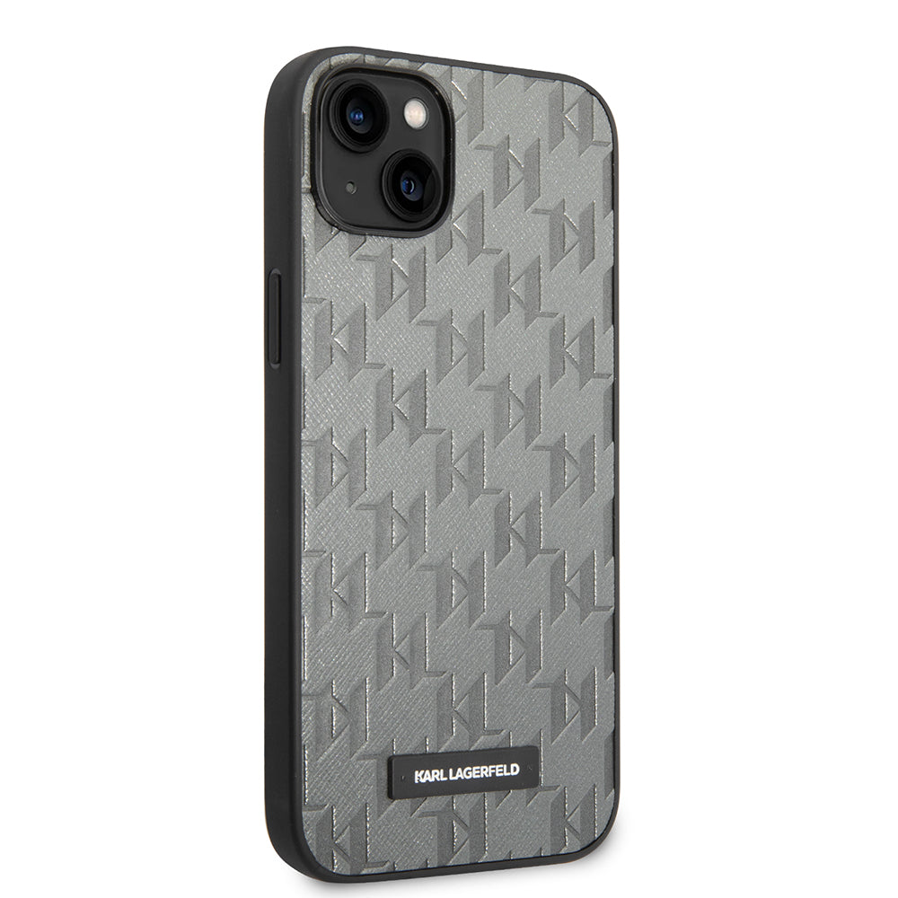 Hoes voor Apple iPhone 14 Plus, Karl Lagerfeld, Saffiano Monogram Metal Logo, Gri