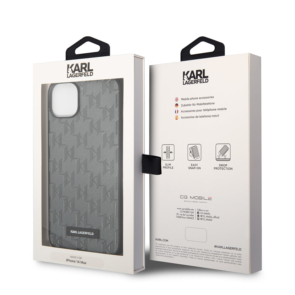 Hoes voor Apple iPhone 14 Plus, Karl Lagerfeld, Saffiano Monogram Metal Logo, Gri
