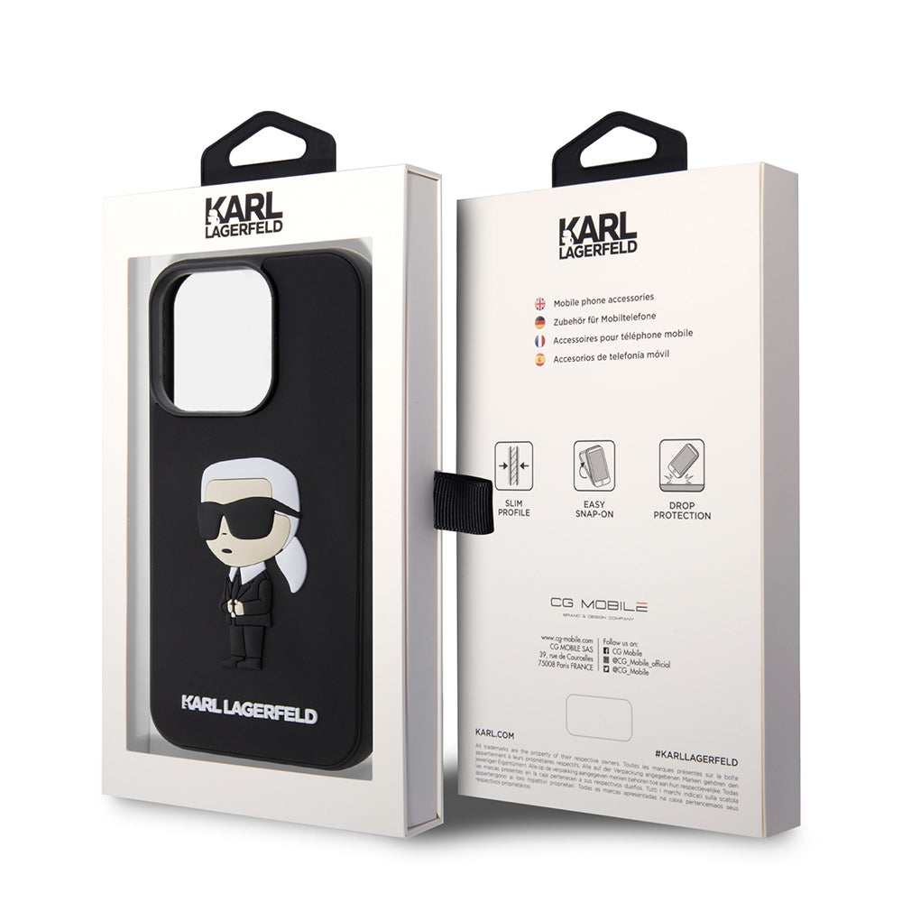 Hülle für Apple iPhone 14 Pro, Karl Lagerfeld, 3D Rubber Ikonik Karl, Schwarz