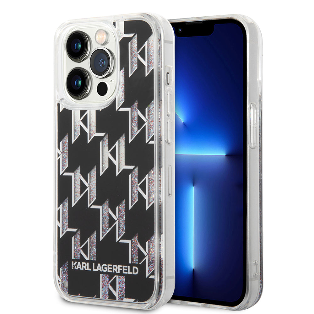 Hülle für Apple iPhone 14 Pro, Karl Lagerfeld, Liquid Glitter Monogram, Schwarz