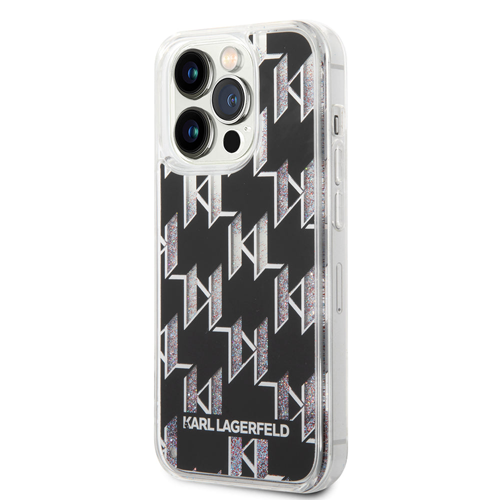 Hülle für Apple iPhone 14 Pro, Karl Lagerfeld, Liquid Glitter Monogram, Schwarz