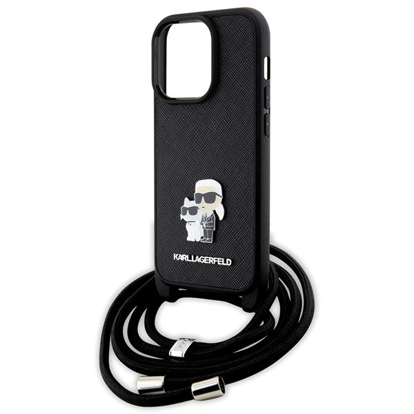 Hülle für Apple iPhone 14 Pro, Karl Lagerfeld, Saffiano Crossbody Metal Pin Karl & Choupette, Schwarz