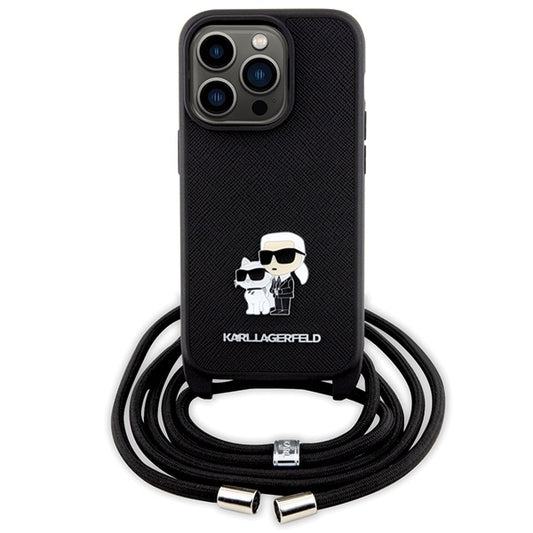 Étui pour Apple iPhone 14 Pro, Karl Lagerfeld, Saffiano Crossbody Metal Pin Karl & Choupette, Noir