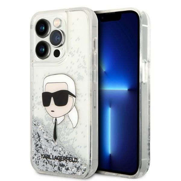 Hülle für Apple iPhone 14 Pro Max, Karl Lagerfeld, Glitter Karl's Head, Silbern