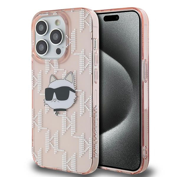 Hoes voor Apple iPhone 14 Pro Max, Karl Lagerfeld, IML Luxury Monogram Choupette's Head, Roze