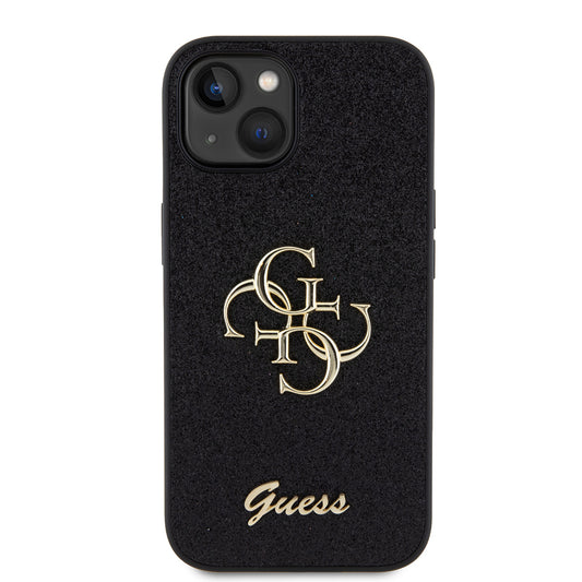 Étui pour Apple iPhone 15, Guess, Glitter Big 4G Script, Noir