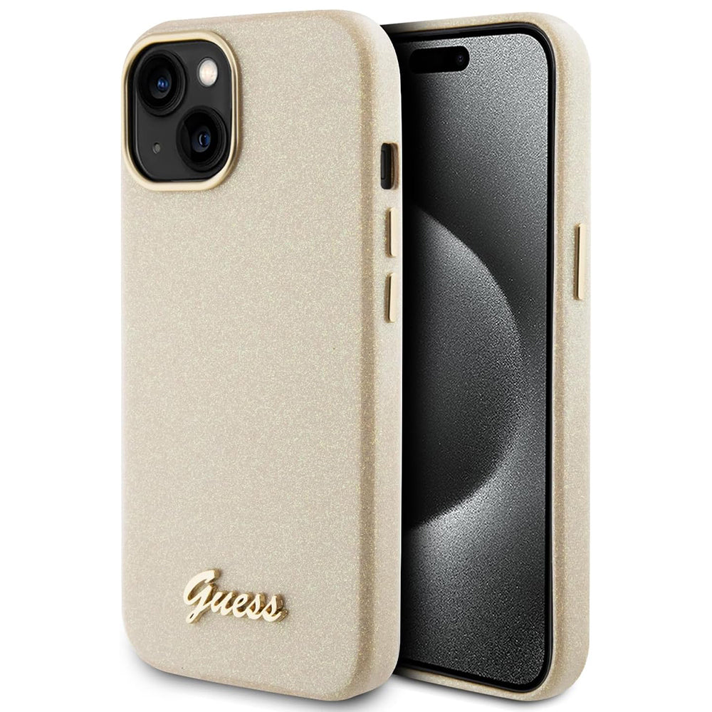 Hülle für Apple iPhone 15, Guess, Glitter Glossy Script, Beige
