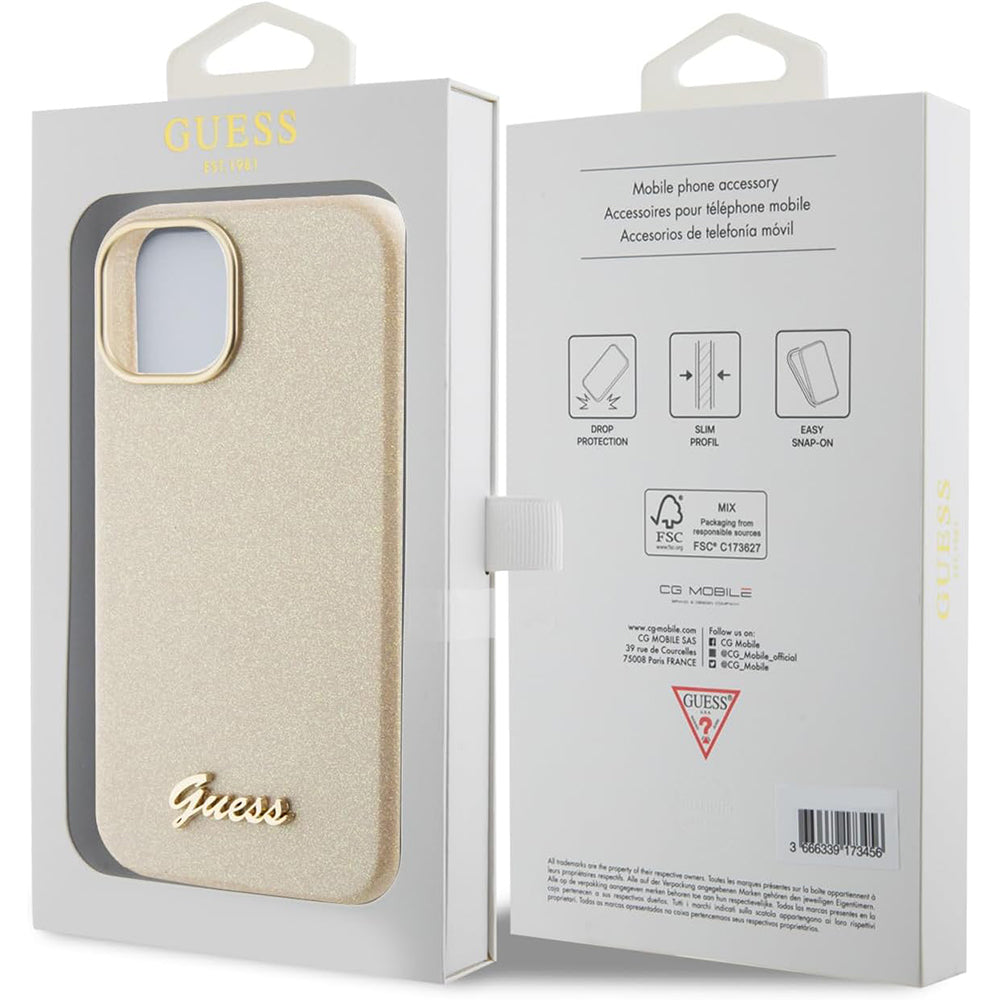 Hülle für Apple iPhone 15, Guess, Glitter Glossy Script, Beige