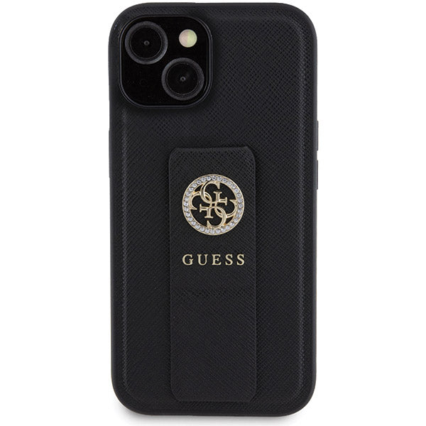 Étui pour Apple iPhone 15, Guess, Grip Stand 4G Saffiano Strass, Noir