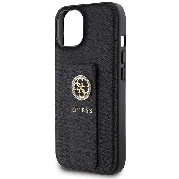 Étui pour Apple iPhone 15, Guess, Grip Stand 4G Saffiano Strass, Noir