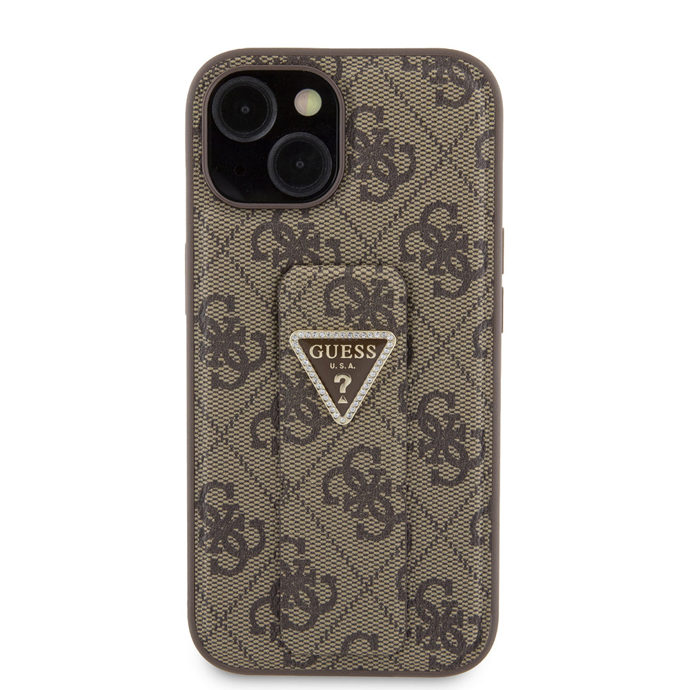 Hülle für Apple iPhone 15, Guess, Grip Stand 4G Triangle Strass, Braun