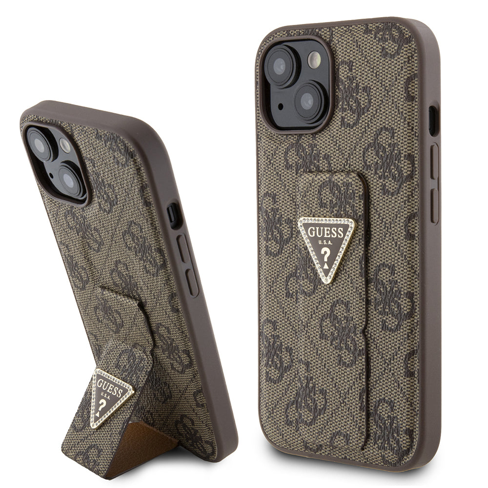 Hülle für Apple iPhone 15, Guess, Grip Stand 4G Triangle Strass, Braun