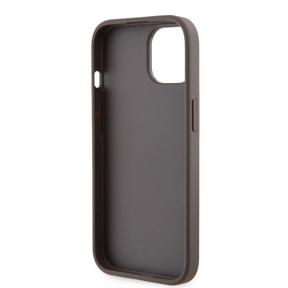 Hülle für Apple iPhone 15, Guess, Grip Stand 4G Triangle Strass, Braun