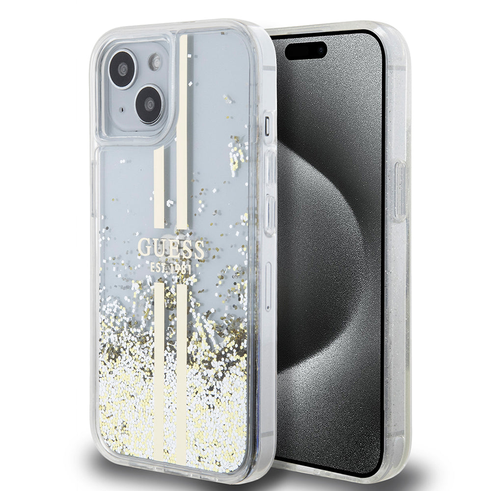 Hoes voor Apple iPhone 15, Guess, Liquid Glitter Gold Stripes, Transparant