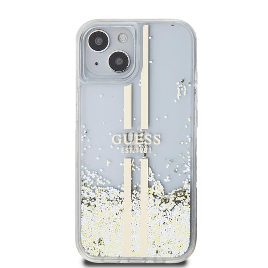 Étui pour Apple iPhone 15, Guess, Liquid Glitter Gold Stripes, Transparent