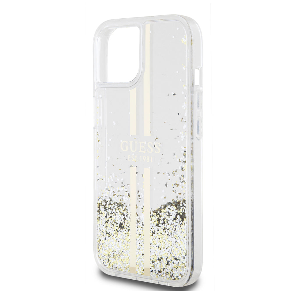 Hoes voor Apple iPhone 15, Guess, Liquid Glitter Gold Stripes, Transparant