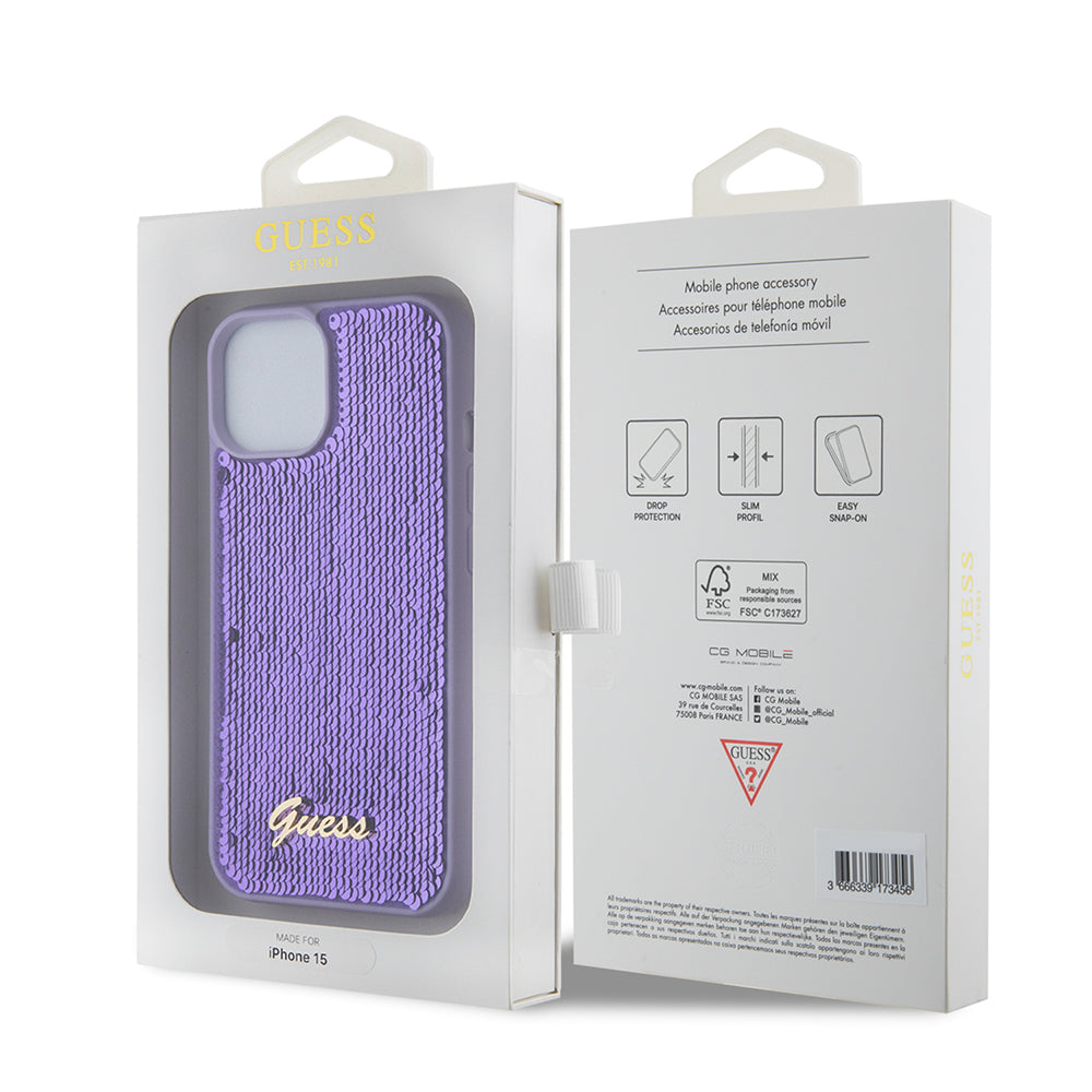 Hoes voor Apple iPhone 15, Guess, Sequin Script Metal, Paars