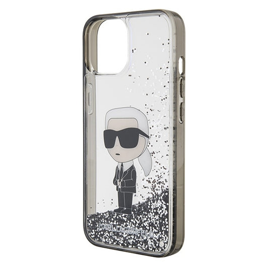 Étui pour Apple iPhone 15, Karl Lagerfeld, Liquid Glitter Ikonik Karl, Transparent