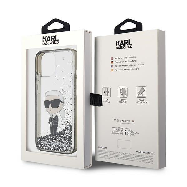Hülle für Apple iPhone 15, Karl Lagerfeld, Liquid Glitter Ikonik Karl, Transparent