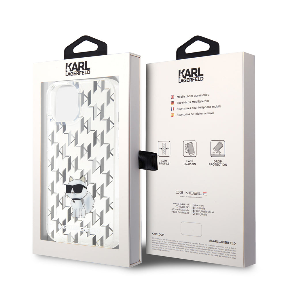 Hoes voor Apple iPhone 15, Karl Lagerfeld, Monogram Choupette, Transparant
