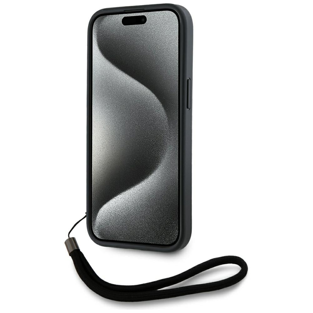 Hülle für Apple iPhone 15, Karl Lagerfeld, Saffiano Athleisure Stripes mit Trageriemen, Rosa