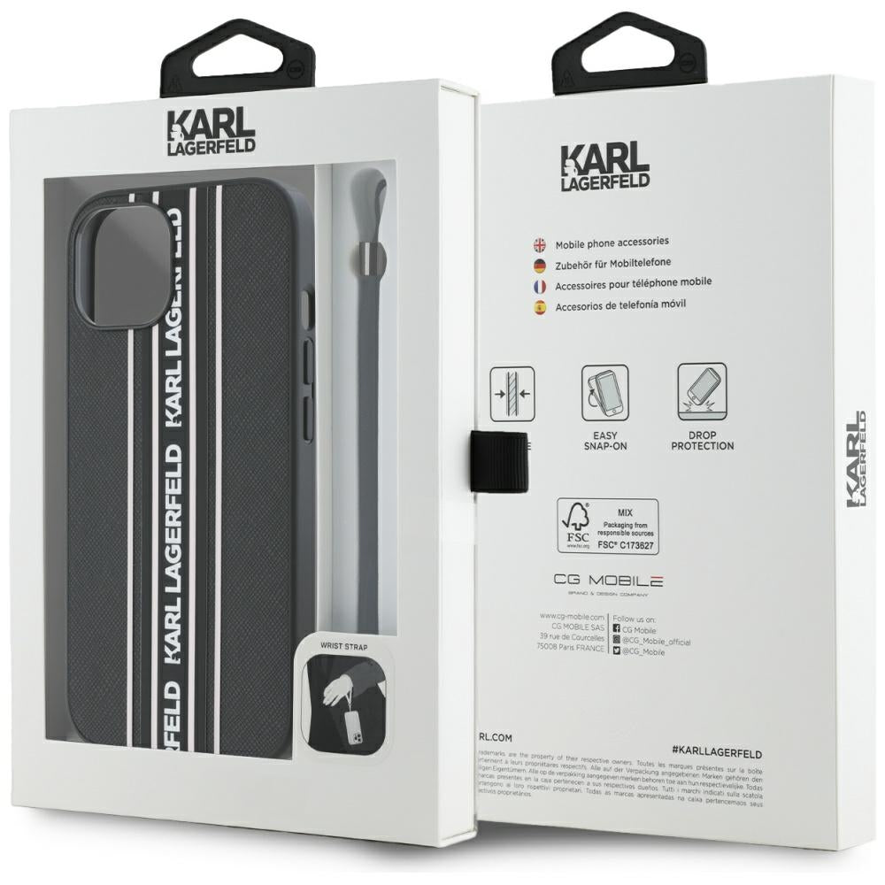 Hülle für Apple iPhone 15, Karl Lagerfeld, Saffiano Athleisure Stripes mit Trageriemen, Rosa
