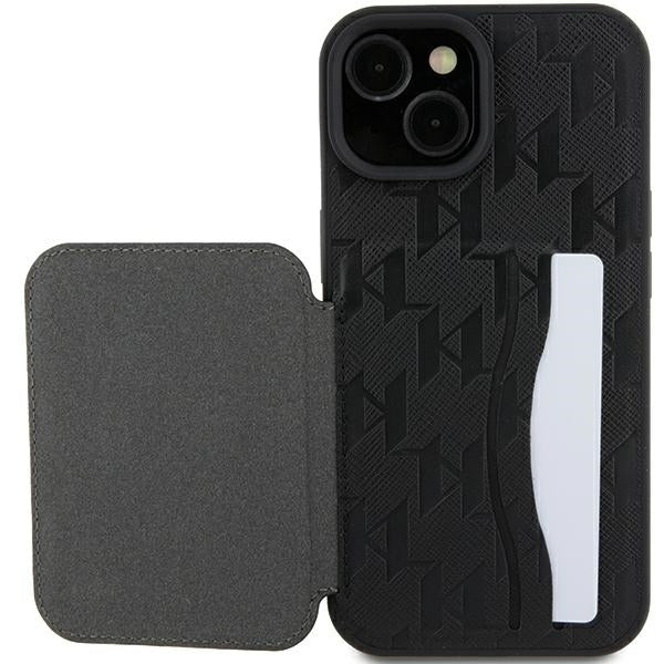 Étui pour Apple iPhone 15, Karl Lagerfeld, Saffiano Cardslots and Stand Monogram Choupette, Noir