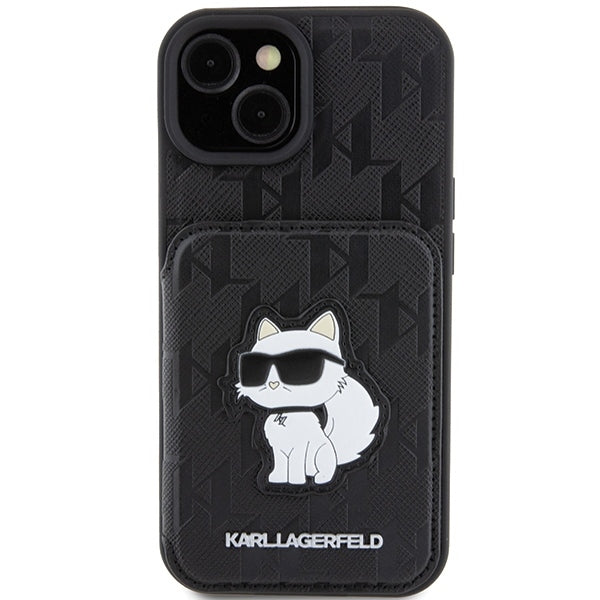 Étui pour Apple iPhone 15, Karl Lagerfeld, Saffiano Cardslots and Stand Monogram Choupette, Noir