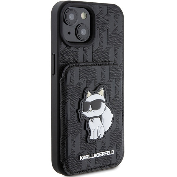 Étui pour Apple iPhone 15, Karl Lagerfeld, Saffiano Cardslots and Stand Monogram Choupette, Noir