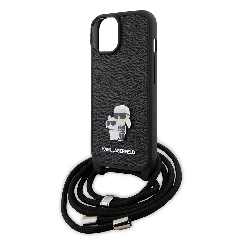 Hoes voor Apple iPhone 15, Karl Lagerfeld, Saffiano Crossbody Metal Pin Karl & Choupette, Zwart