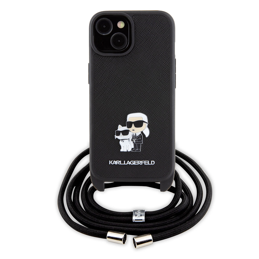 Hoes voor Apple iPhone 15, Karl Lagerfeld, Saffiano Crossbody Metal Pin Karl & Choupette, Zwart