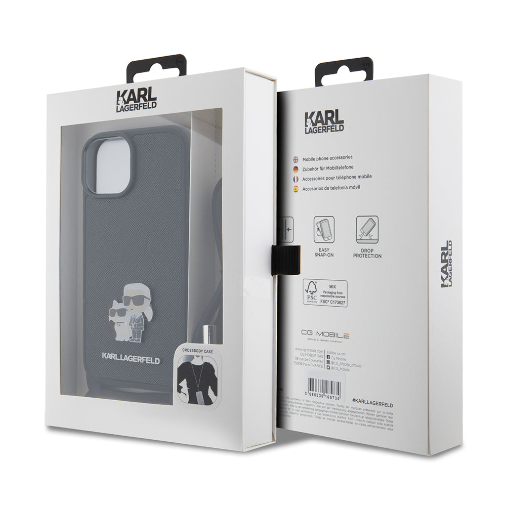Hoes voor Apple iPhone 15, Karl Lagerfeld, Saffiano Crossbody Metal Pin Karl & Choupette, Zwart