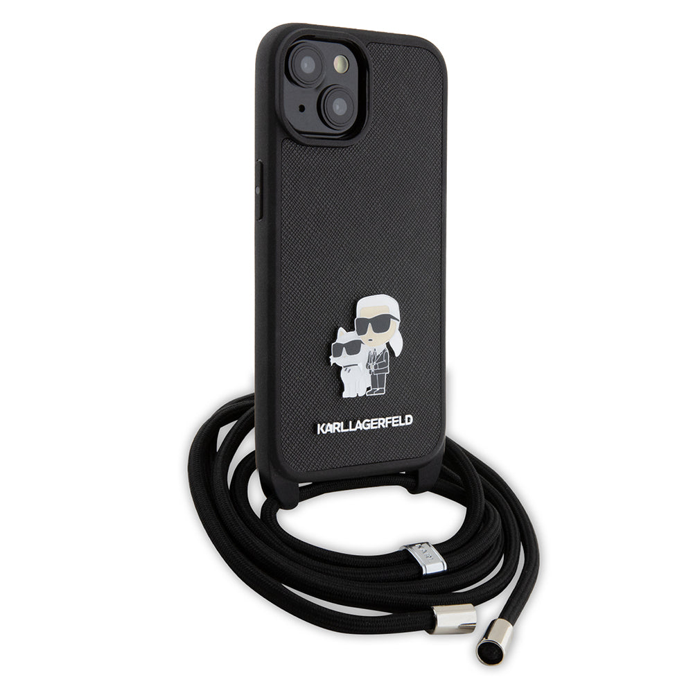 Hoes voor Apple iPhone 15, Karl Lagerfeld, Saffiano Crossbody Metal Pin Karl & Choupette, Zwart