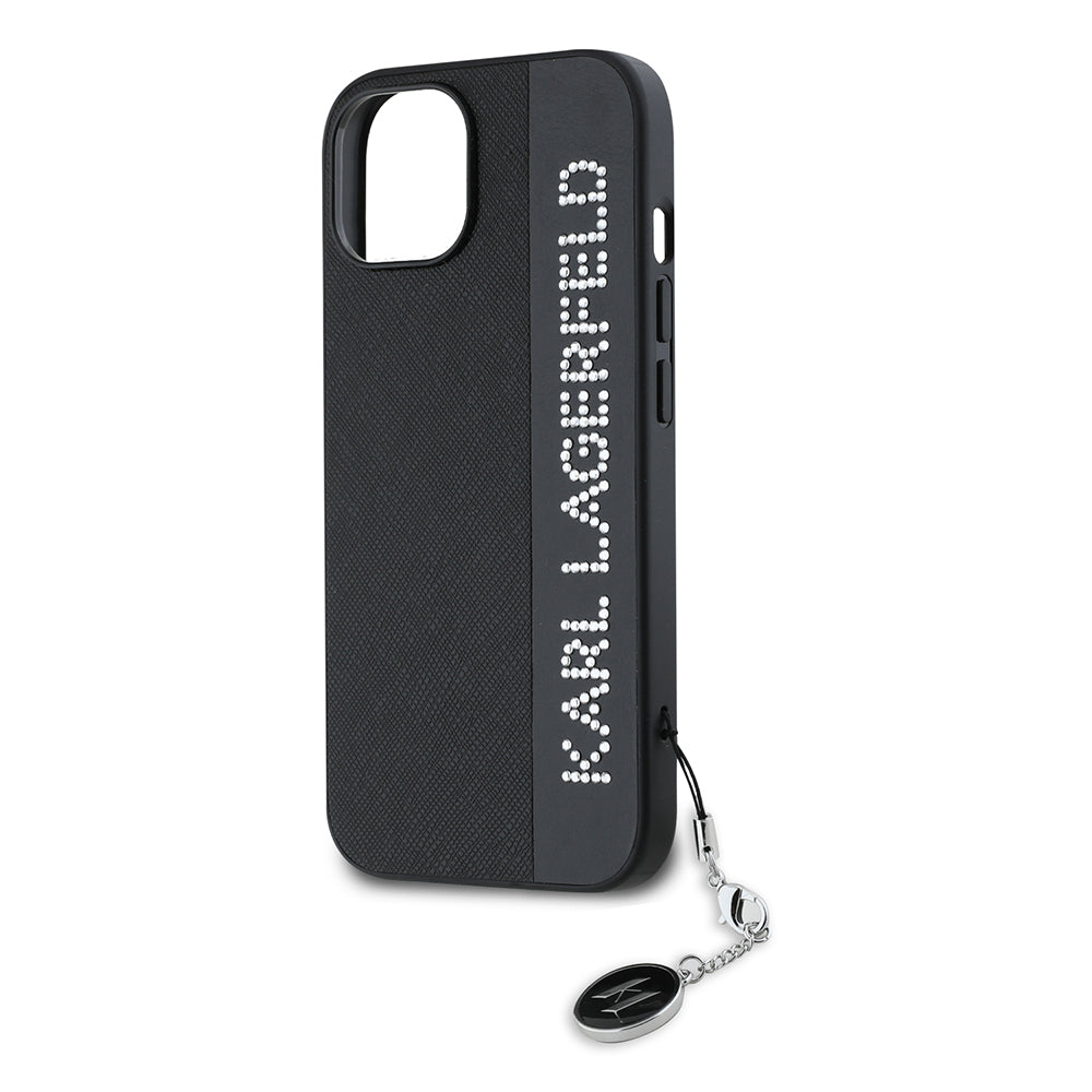 Case for Apple iPhone 15, Karl Lagerfeld, Saffiano Rhinestones & Charm, Black