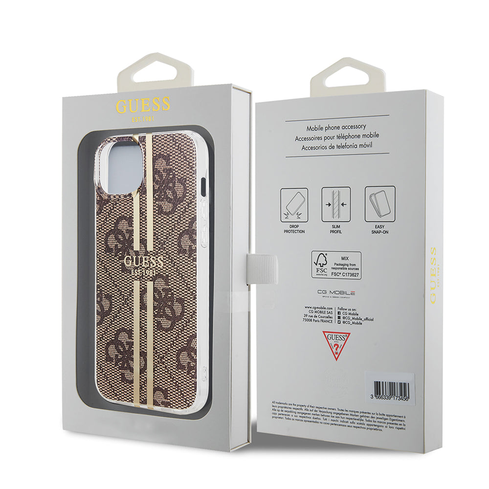 Hoes voor Apple iPhone 15 Plus, Guess, IML 4G Gold Stripe, Bruin