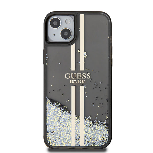 Étui pour Apple iPhone 15 Plus, Guess, Liquid Glitter Gold Stripes, Noir
