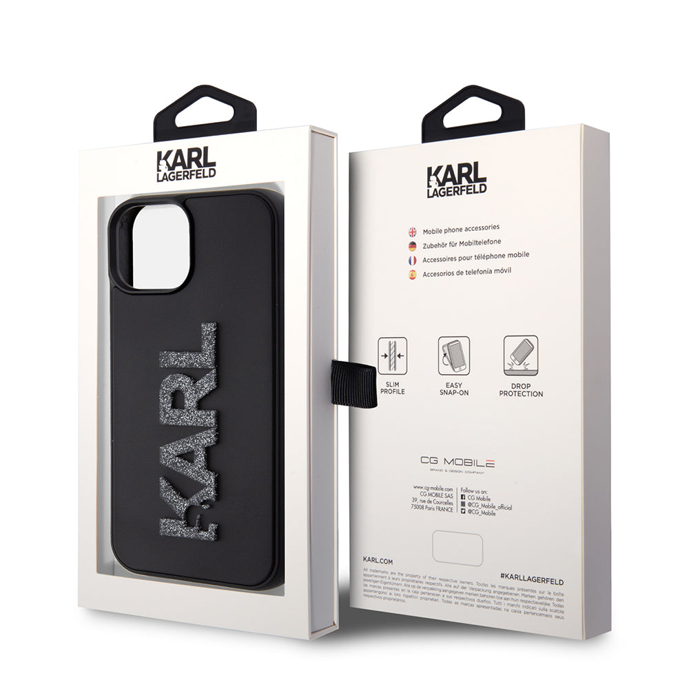 Housse pour Apple iPhone 15 Plus, Karl Lagerfeld, Logo Pailleté en Caoutchouc 3D, Noire