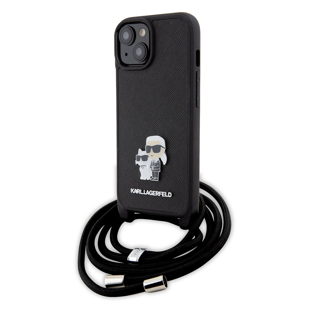 Hülle für Apple iPhone 15 Plus, Karl Lagerfeld, Saffiano Crossbody Metal Pin Karl & Choupette, Schwarz
