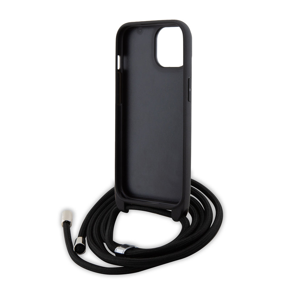 Hülle für Apple iPhone 15 Plus, Karl Lagerfeld, Saffiano Crossbody Metal Pin Karl & Choupette, Schwarz