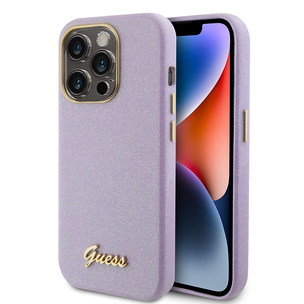 Hoes voor Apple iPhone 15 Pro, Guess, Glitter Glossy Script, Lichtpaars