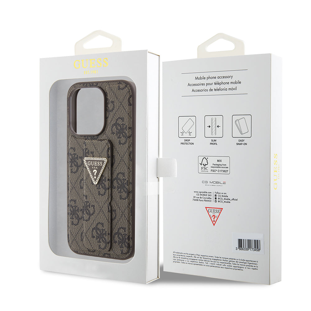 Case for Apple iPhone 15 Pro, Guess, Grip Stand 4G Triangle Strass, Brown